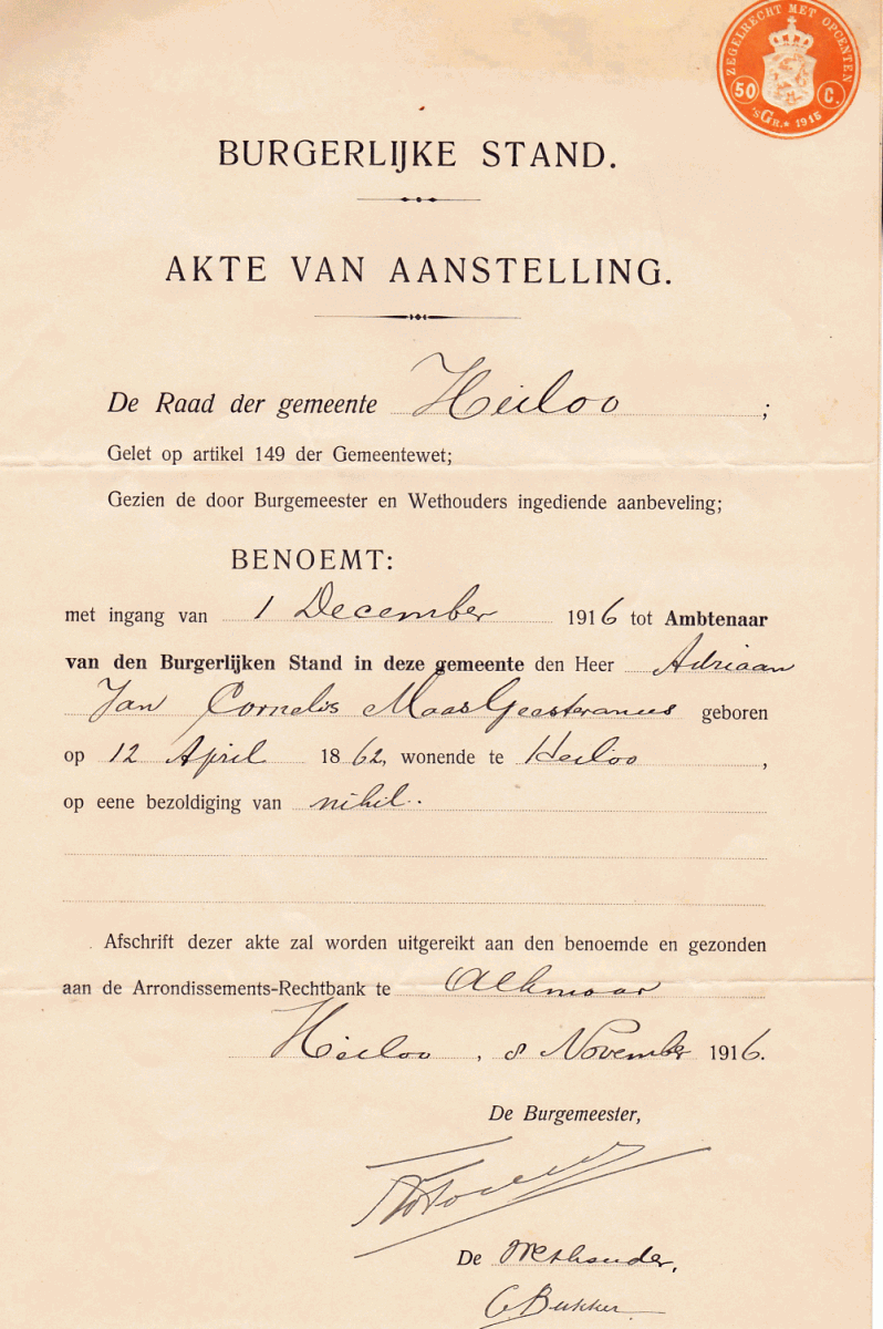 Adriaan Jan Cornelis Mg 1862 1939 Akte Van Aanstelling